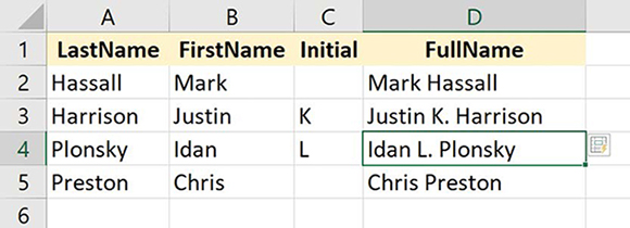 Screenshot of Flash Fill data with an edited cell to account for values that didn’t follow the initial pattern.