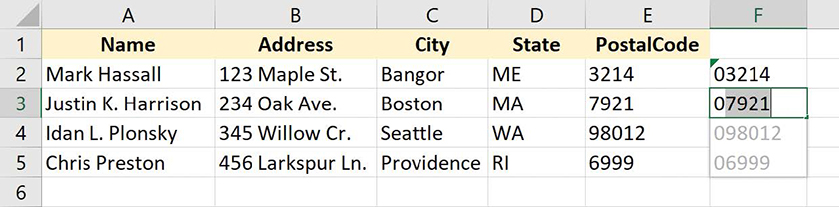 Screenshot of a worksheet where Flash Fill has changed data incorrectly.