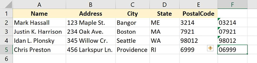 Screenshot of a worksheet where Flash Fill changes have been corrected.