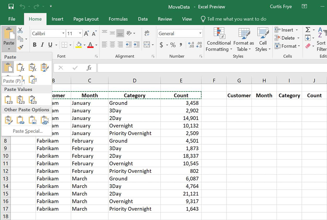 Screenshot of a worksheet displaying a live preview of how copied data will look when pasted.