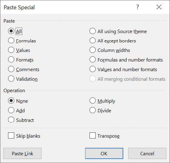 Screenshot of the Paste Special dialog box, which offers detailed control over how items copied to the Clipboard are pasted into a worksheet.