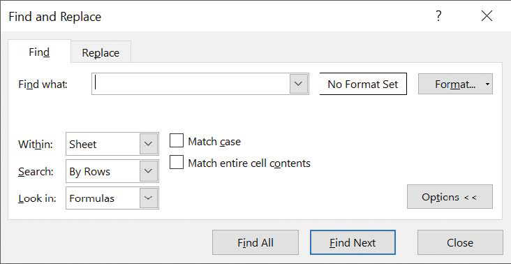 Screenshot of the expanded Find tab of the Find and Replace dialog box.