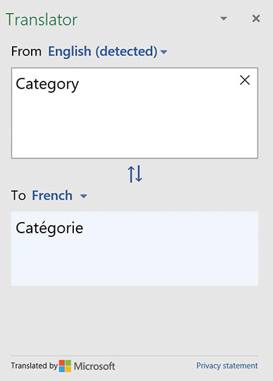 Screenshot of the word “category” translated into French.