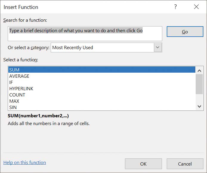 Screenshot of the Insert Function dialog box.