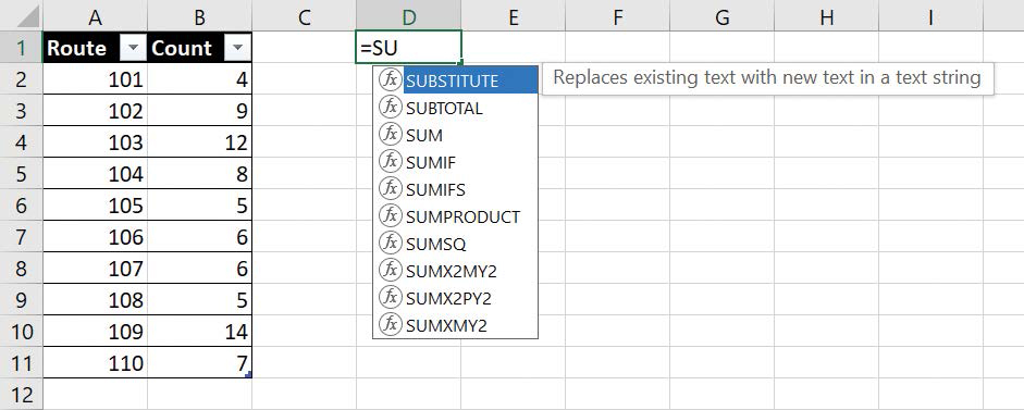 Screenshot of a Formula AutoComplete list for the letters SU.