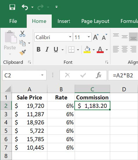 Screenshot of a formula in C2 that calculates a commission.