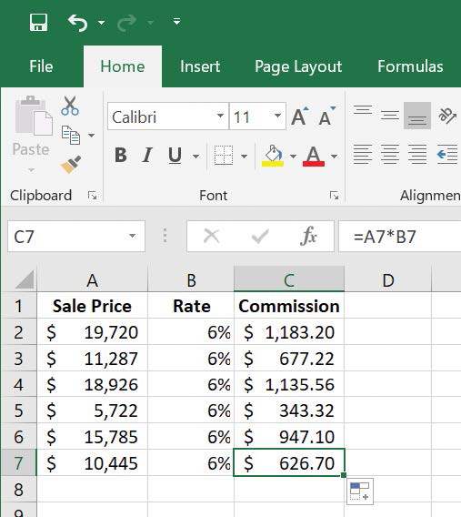 Screenshot of a worksheet with a cell’s formula copied to additional cells.