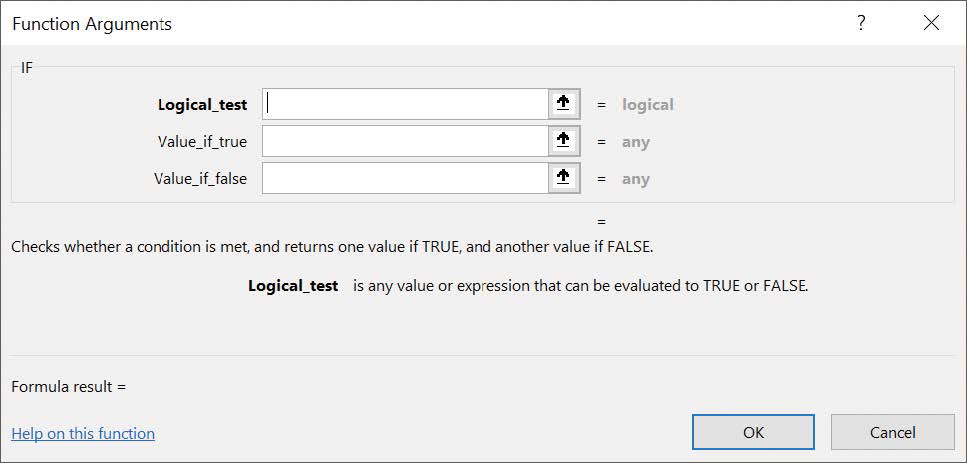 Screenshot of the Function Arguments dialog box ready to create an IF formula.