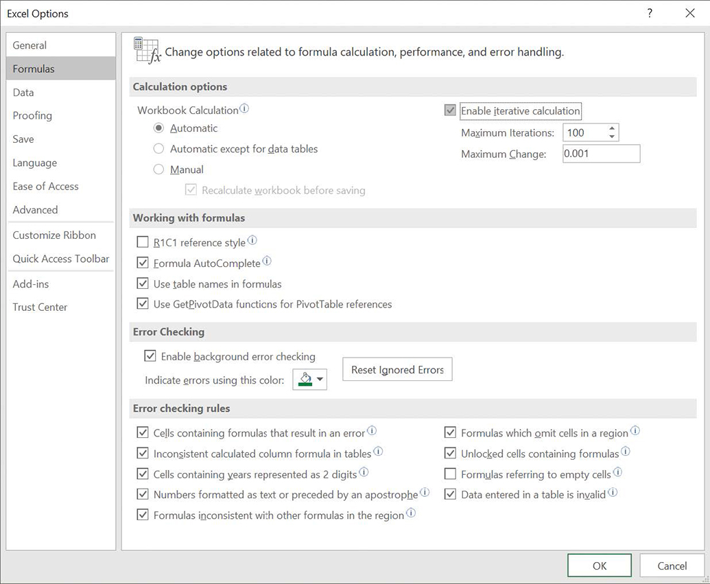 Screenshot of the Formulas page of the Excel Options dialog box.