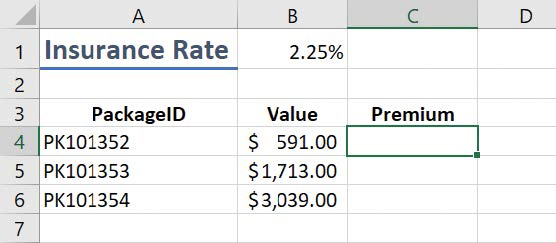 Screenshot of a worksheet with package identification and value information. The insurance rate appears in cell B1 and the package values appear in cells B4 to B6.