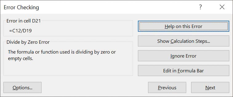 Screenshot of the Error Checking dialog box displaying a divide-by-zero error in cell D21.