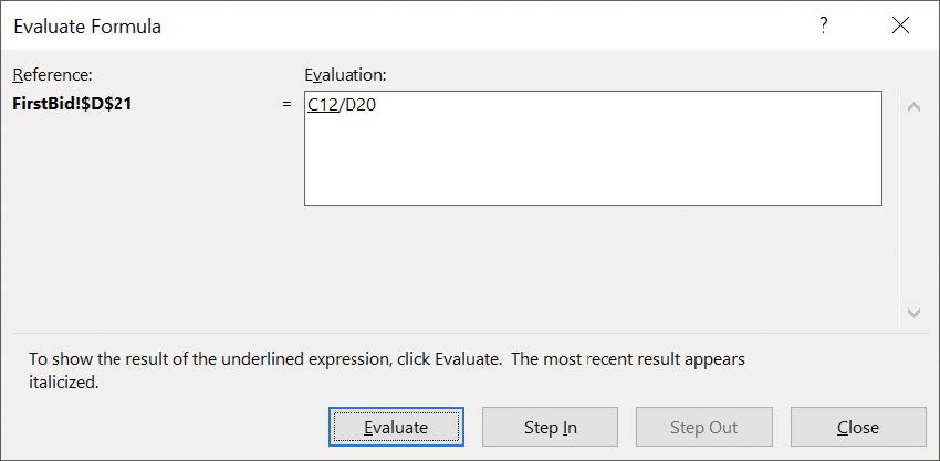 Screenshot of the Evaluate Formula dialog box displaying the sum of two cell values.