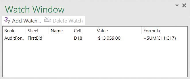 Screenshot of the Watch Window, which contains a watch that displays a cell’s value.