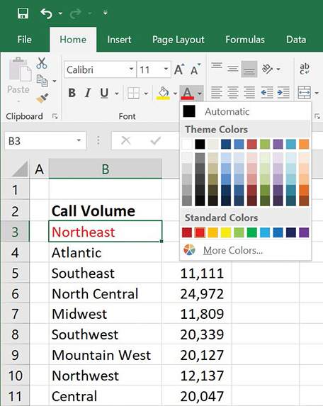 Screenshot of a call volume summary worksheet with the Font Color button’s color palette displayed.