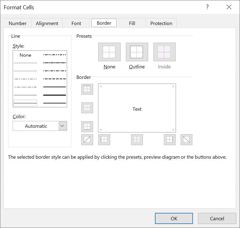 Screenshot of the Border tab of the Format Cells dialog box.