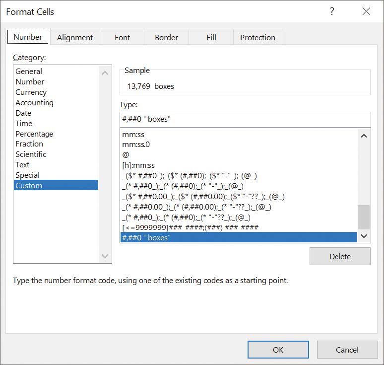 Screenshot of the Number tab of the Format Cells dialog box with a custom number format displayed.