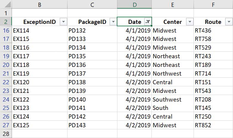 Screenshot of a worksheet with a filter applied to the Date column.