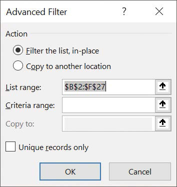 Screenshot of the Advanced Filter dialog box.