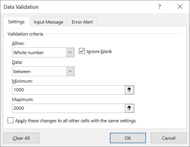 Screenshot of the Settings tab of the Data Validation dialog box.