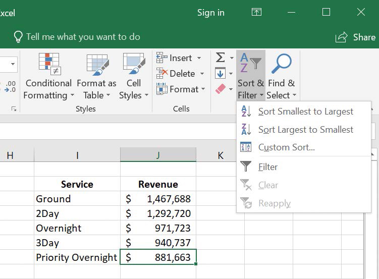 Screenshot of a worksheet with a column of revenues sorted from highest to lowest value.