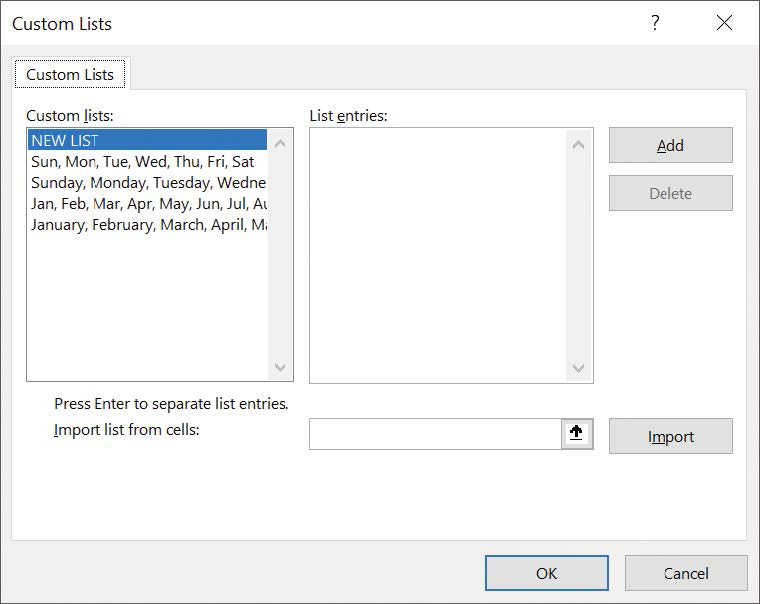 Screenshot of the Custom Lists dialog box with the four built-in custom lists displayed.