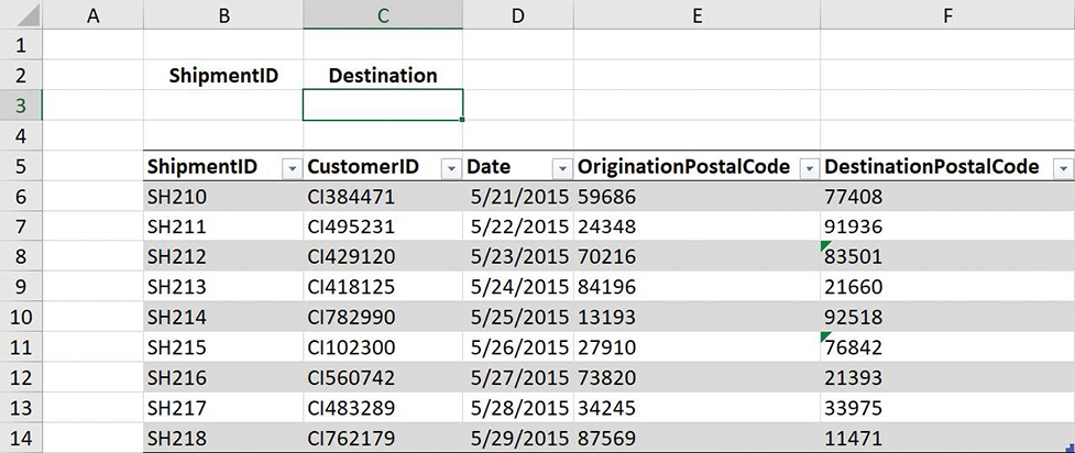 Screenshot of a worksheet that contains a table of shipping data that can be used in a VLOOKUP formula.