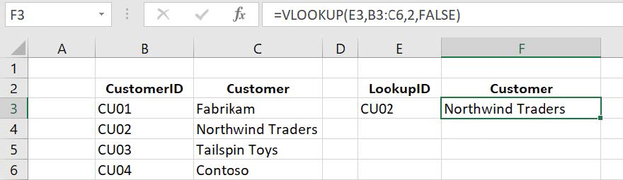 Screenshot of a worksheet with a table of customer identification numbers and company names. To the right is a formula that looks up the company name associated with a customer identification number.