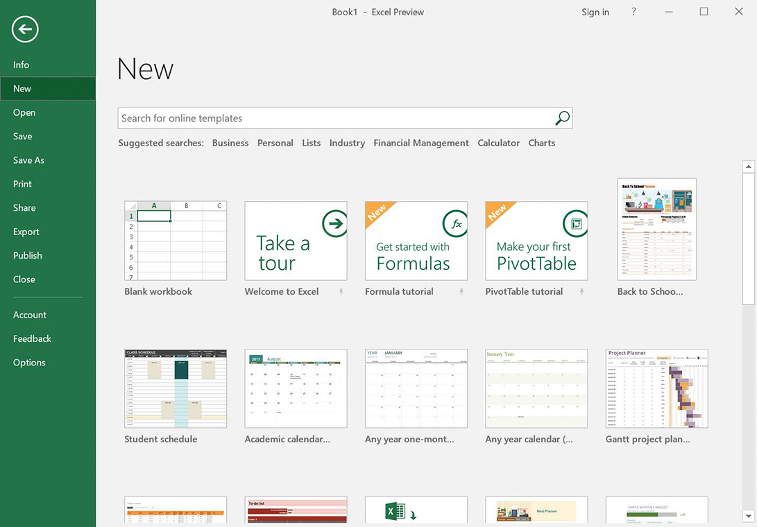 Screenshot of the New page of the Backstage view in Excel 2019.