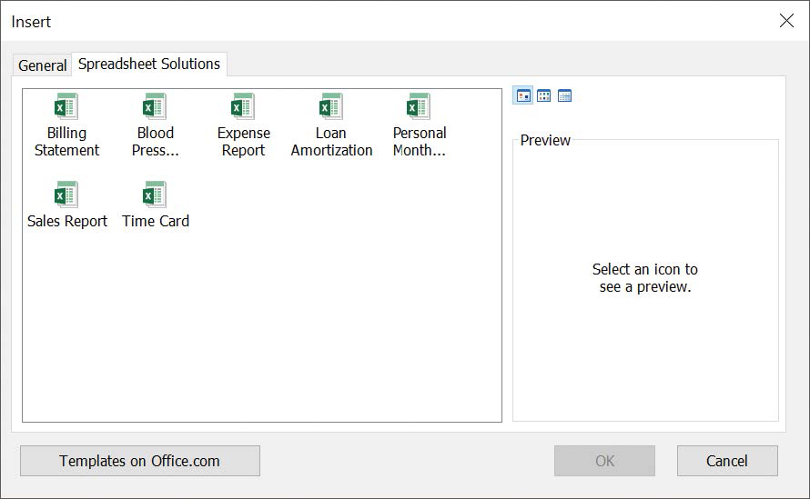 Screenshot of the Spreadsheet Solutions tab of the Insert dialog box.