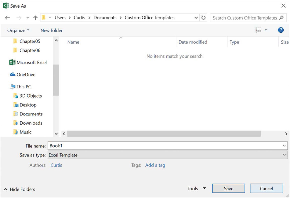 Screenshot of the Save As dialog box configured to save a file as an Excel template.