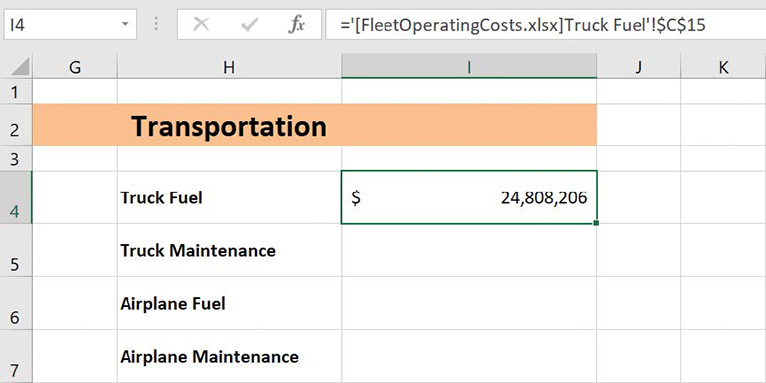 Screenshot of a formula that links a cell from the current workbook to a cell in another workbook.