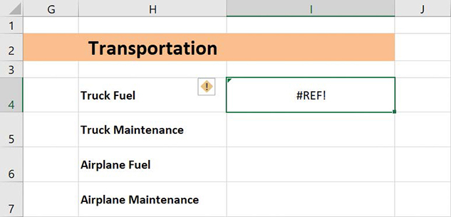 Screenshot of a worksheet that contains a cell with a link that refers to a workbook that does not exist. The cell displays a #REF! error.