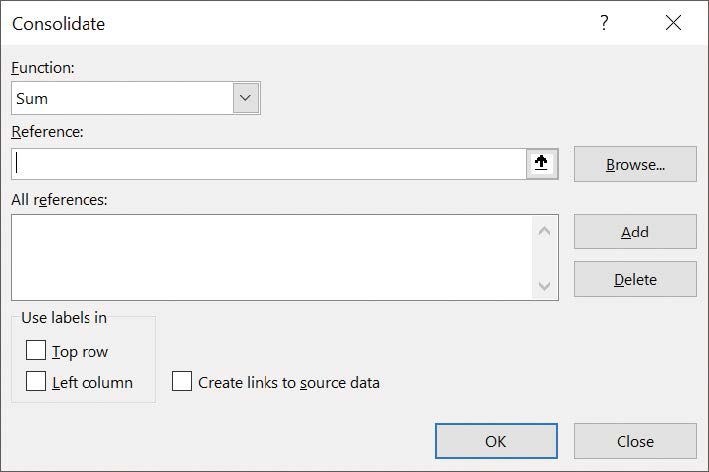 Screenshot of the Consolidate dialog box.