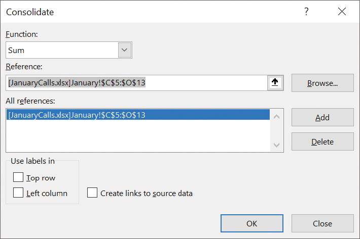 Screenshot of the Consolidate dialog box showing a reference in the All References pane. The reference is to the cell range C5 to O13 on the January worksheet in the JanuaryCalls workbook.