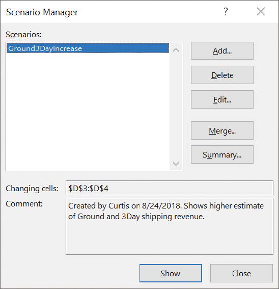 Screenshot of the Scenario Manager dialog box with a single scenario.