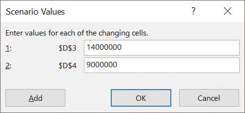 Screenshot of the Scenario Values dialog box with new values entered in boxes for cells D3 and D4.