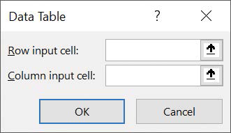 Screenshot of the Data Table dialog box, where you can identify which cells contain values that will change when you create a data table.