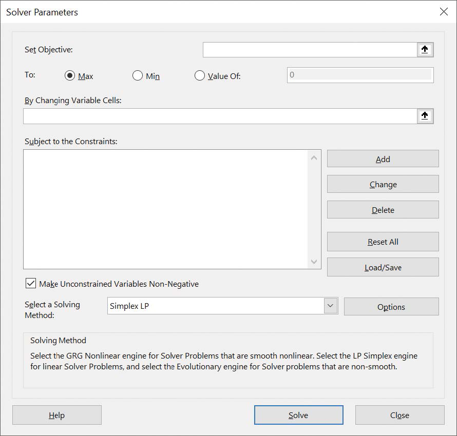 Screenshot of the Solver Parameters dialog box.