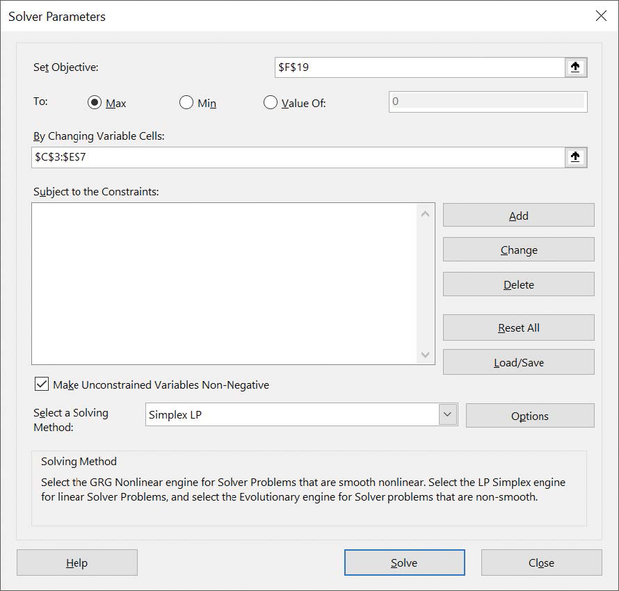 Screenshot of the Solver Parameters dialog box with changing cells identified.