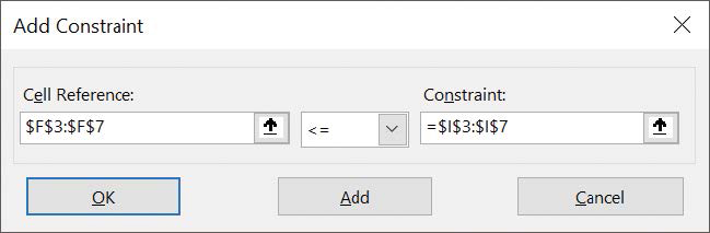 Screenshot of the Add Constraint dialog box with a constraint entered.