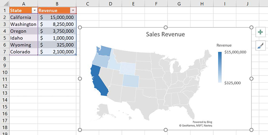 Screenshot of a 2D map summarizing revenue data for several states in the western United States.