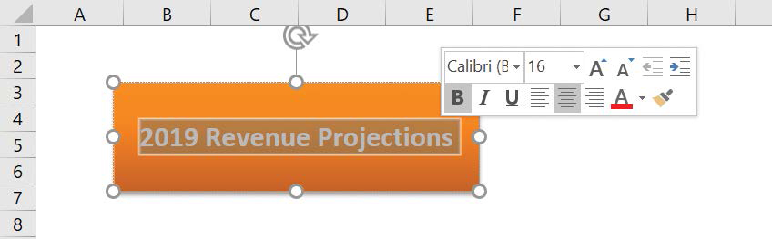 Screenshot of a worksheet showing a rectangle with the text 2019 Revenue Projections added to it.