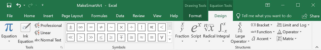 Screenshot of the Equation Tools Design tool tab of the ribbon.