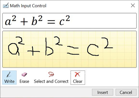 Screenshot of the Ink Equation dialog box with the Pythagorean Theorem written within it.