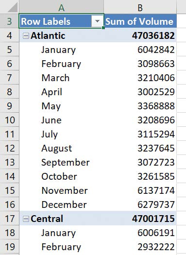 Screenshot of a PivotTable organized by distribution center and then by month.