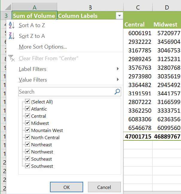 Screenshot of a PivotTable with the filter controls for a field displayed.