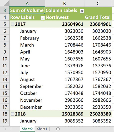 Screenshot of a PivotTable that has been filtered to show only data for the Northwest distribution center.