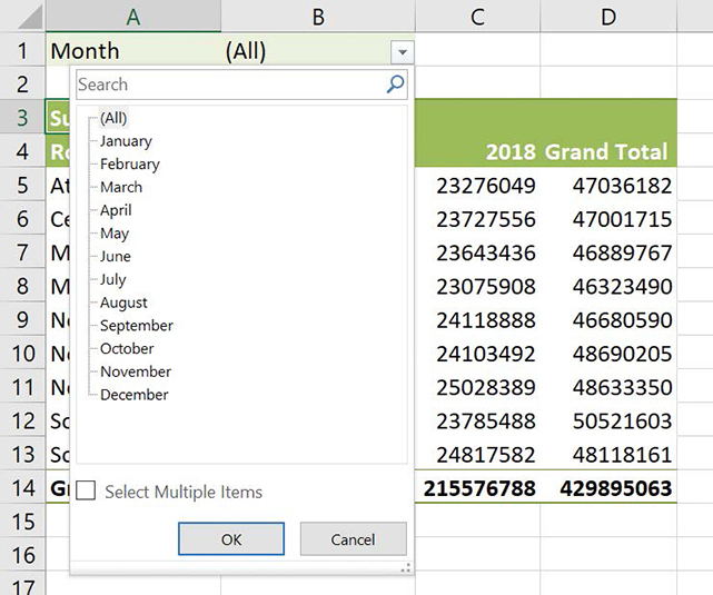 Screenshot of a PivotTable showing the Month field as a filtered field.