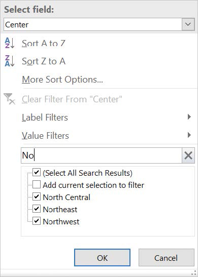 Screenshot of a search filter applied to a PivotTable field. The letters No are entered in the search box, and Excel has filtered to just distribution centers that begin with No: North Central, Northeast, and Northwest.