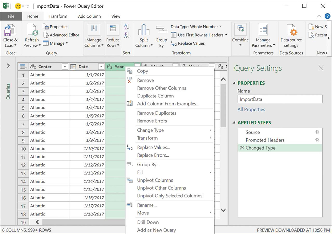 Screenshot of the Power Query Editor with a column header’s shortcut menu displayed. This menu lets you control how Excel will handle the selected column’s data. The ribbon tabs display these options and many others.